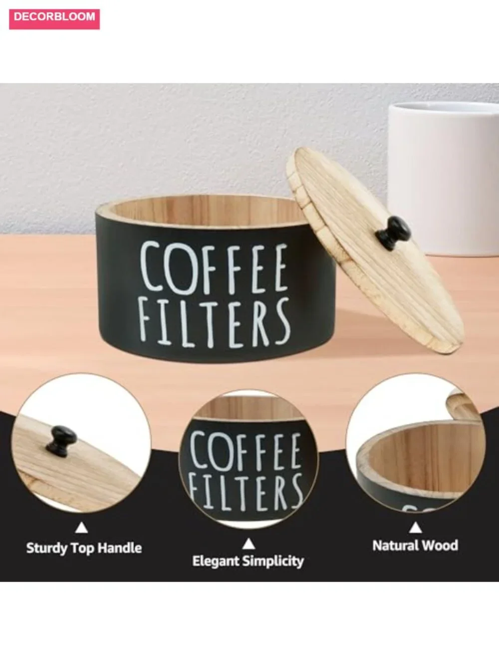 Wooden Coffee Filter Holder with Lid - Kitchen Countertop Storage Container